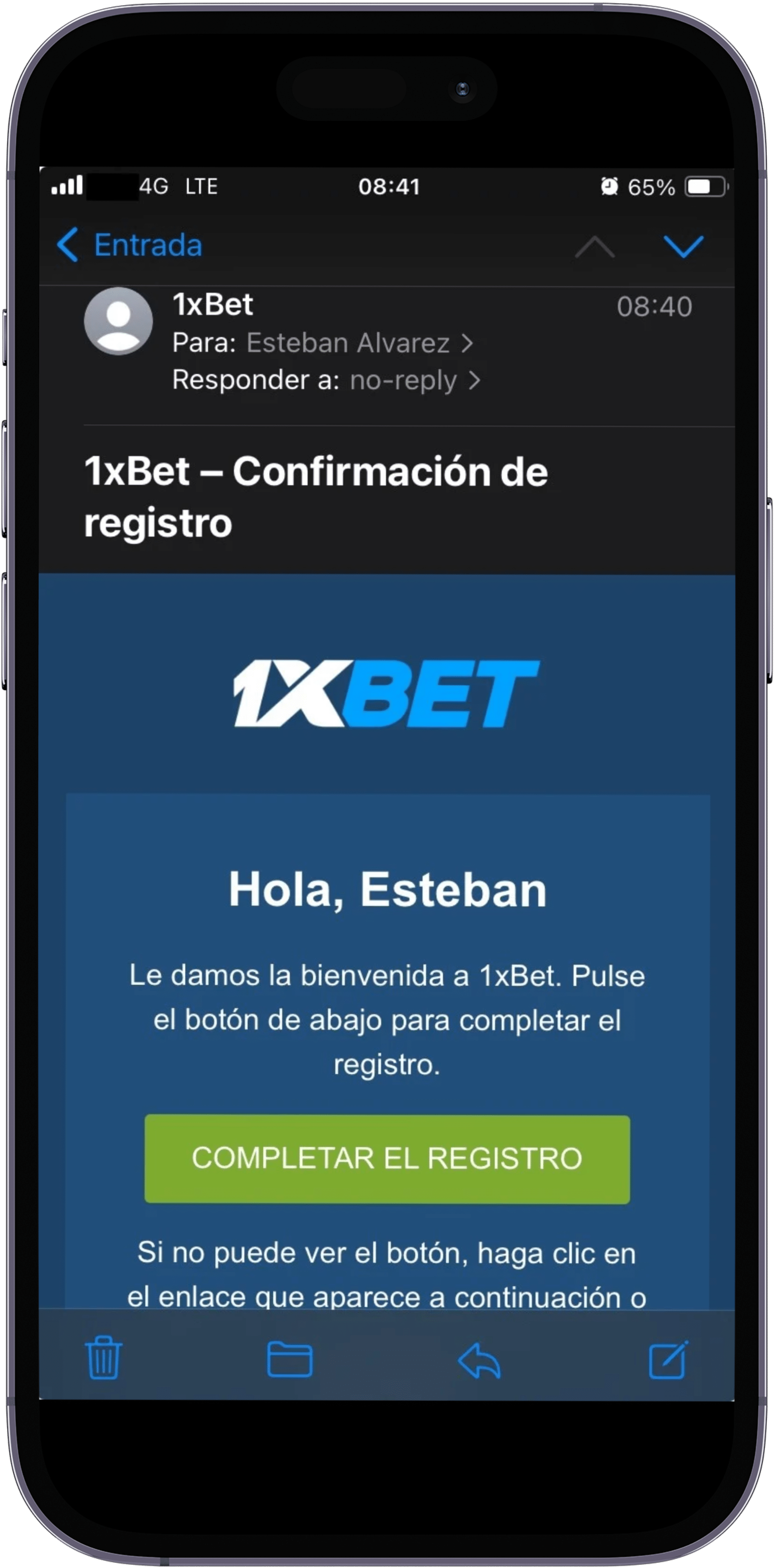 Mail confirmación 1XBet Ecuador